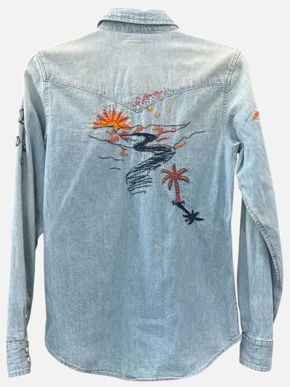 Mother Womens Embroidered Denim Shirt XS "All My Exes" Light Wash - Picture 1 of 11